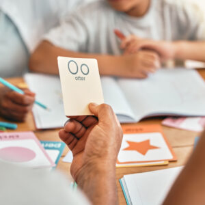 Learning, cards and grandparents with children and alphabet lesson for language, study and letter.
